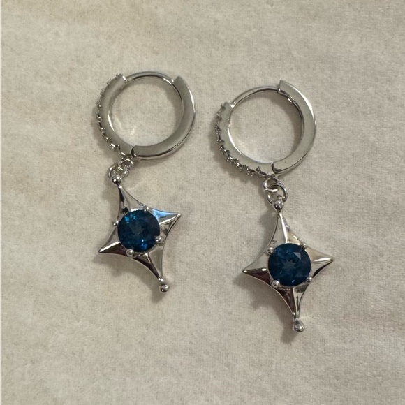Jewelry - London blue topaz earrings mini hoops with zircons round star shape silver 925